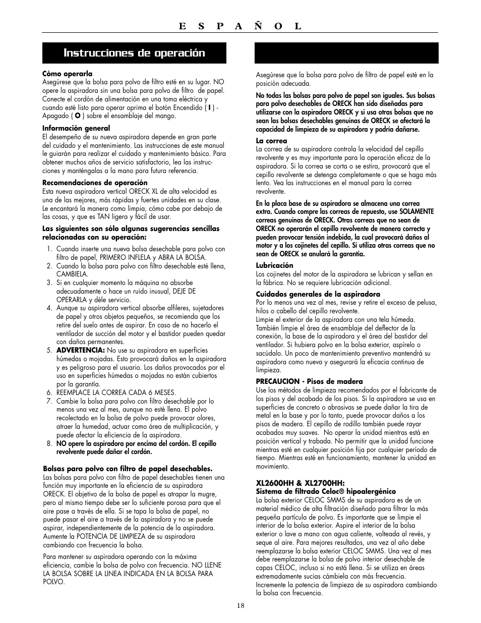 Nstrucciones de operación | Oreck XL2600HH User Manual | Page 18 / 20