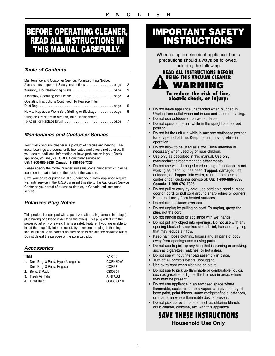Important safety instructions, Warning, Save these instructions | Oreck XL2600HH User Manual | Page 2 / 20
