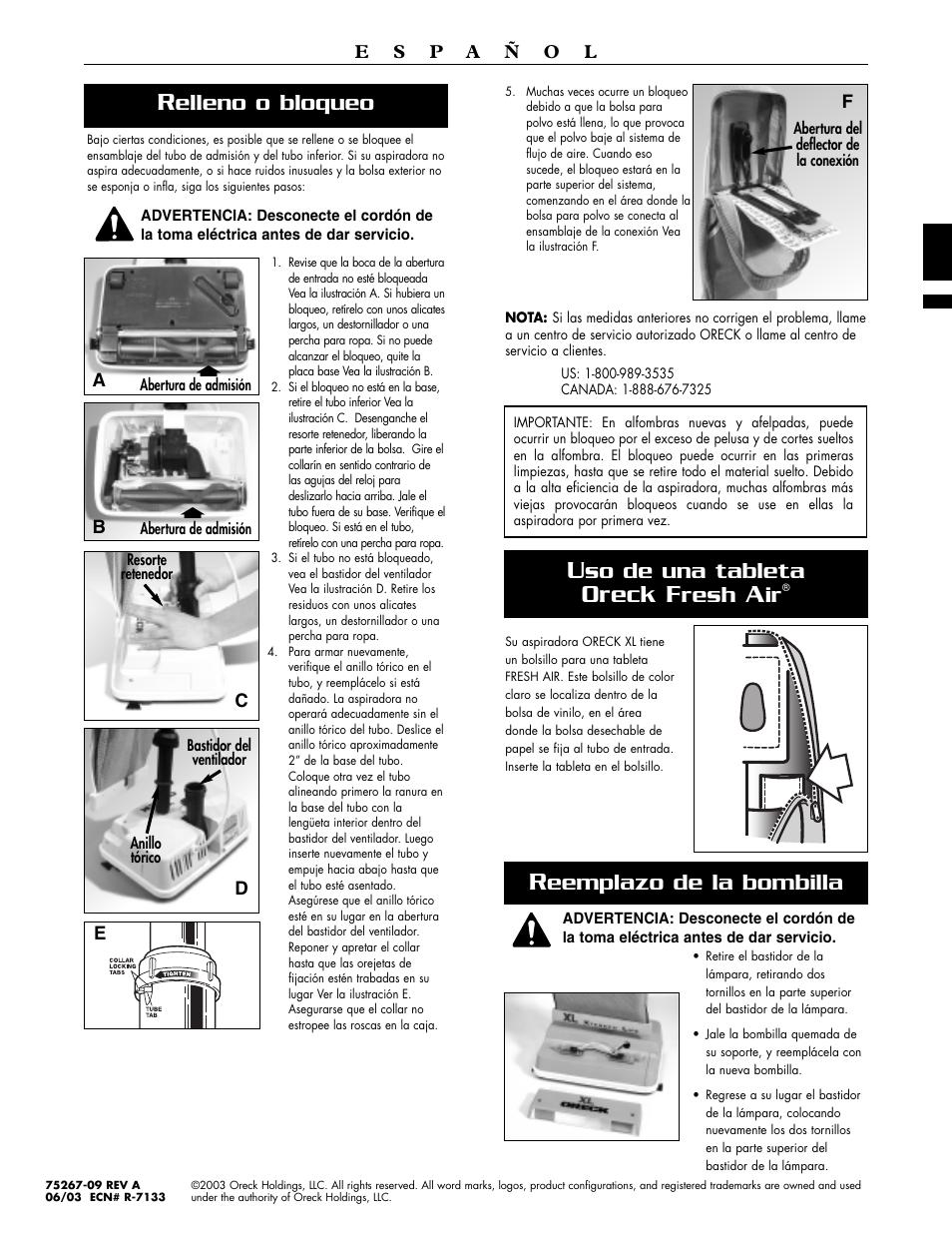 Oreck f, So de una tableta, Resh | Elleno o bloqueo, Eemplazo de la bombilla | Oreck XL2600HH User Manual | Page 20 / 20