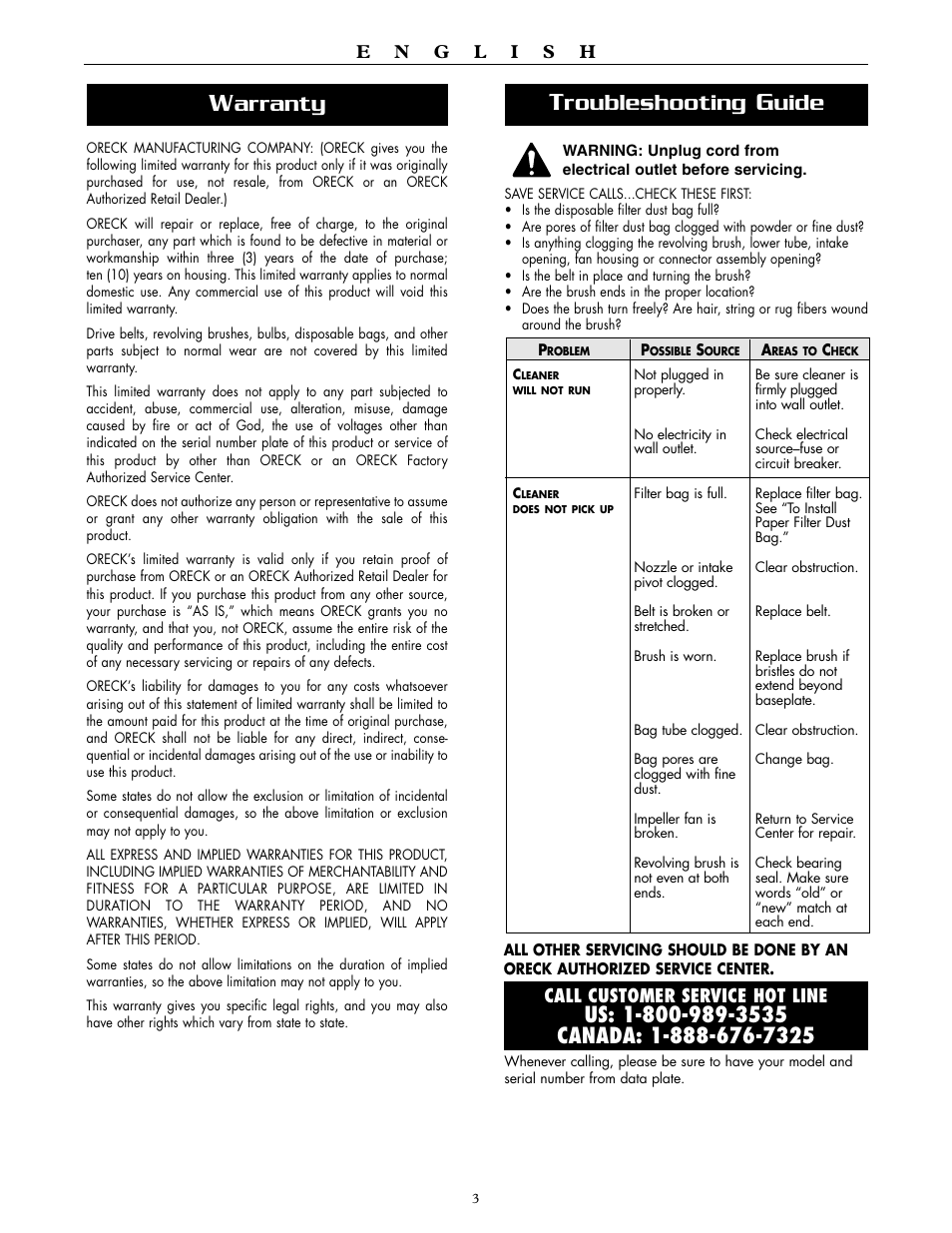 Arranty, Roubleshooting, Uide | Oreck XL2600HH User Manual | Page 3 / 20