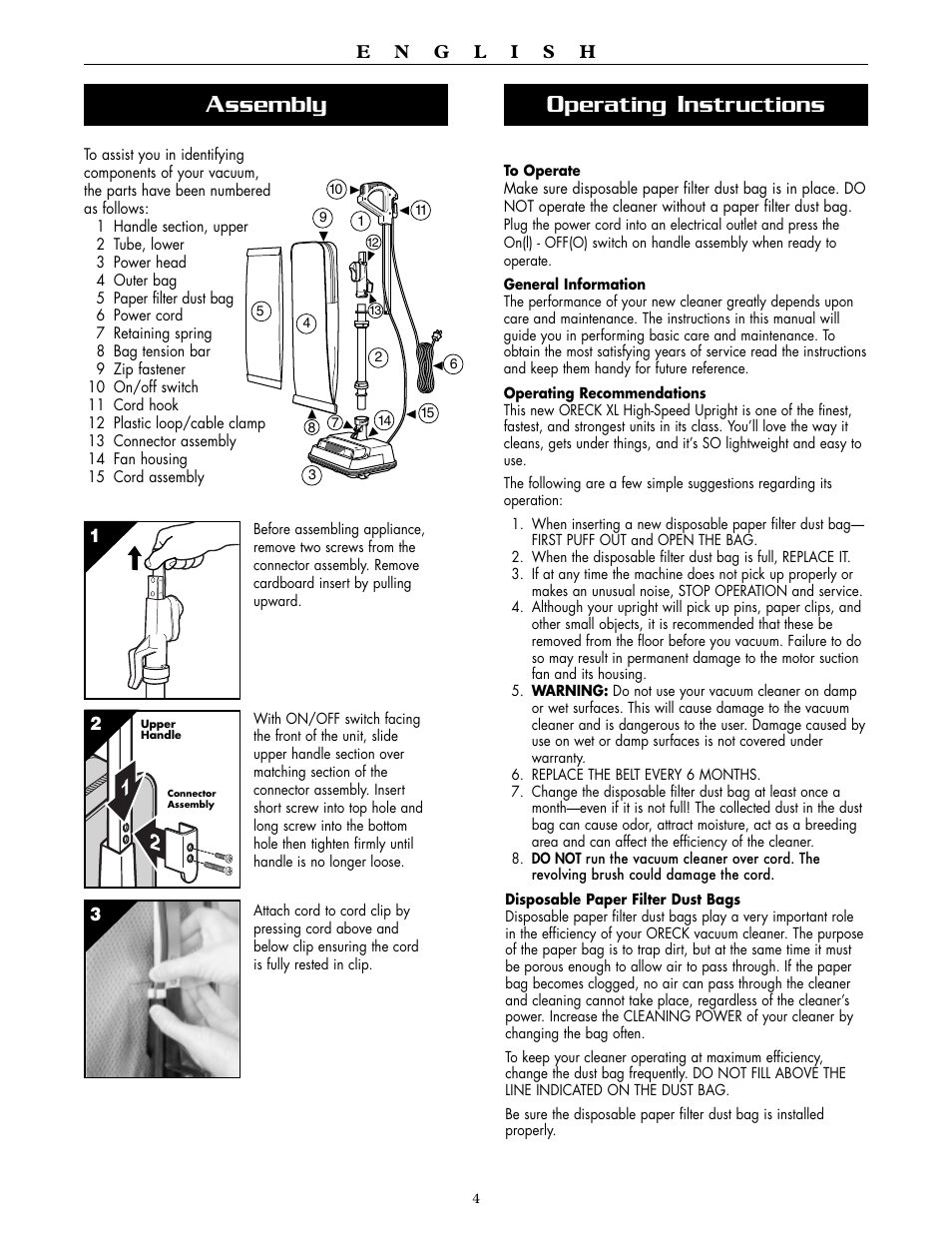 Perating, Nstructions, Ssembly | Oreck XL2600HH User Manual | Page 4 / 20
