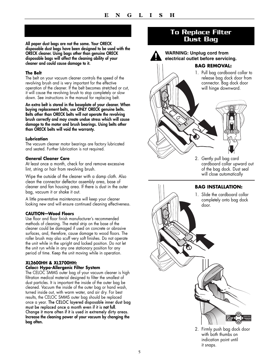 Eplace, Ilter | Oreck XL2600HH User Manual | Page 5 / 20