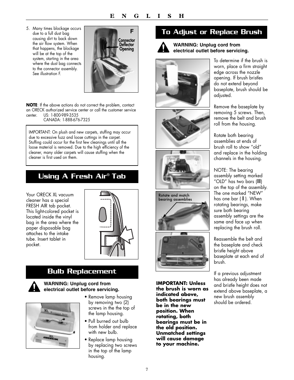 Sing, Resh, Eplacement | Djust or, Eplace, Rush | Oreck XL2600HH User Manual | Page 7 / 20