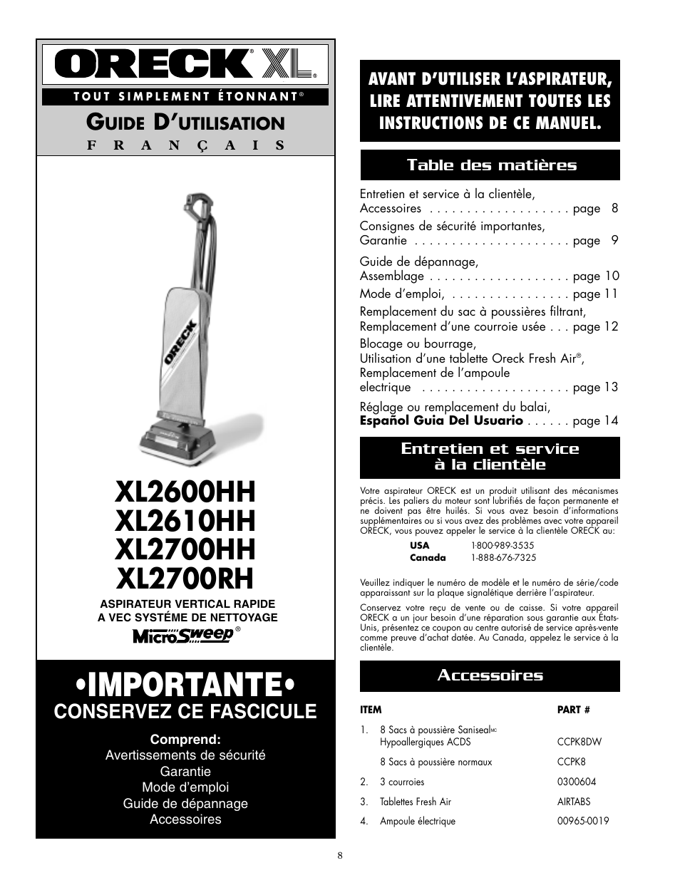 Importante, Conservez ce fascicule, Uide | Utilisation, Ntretien et service à la clientèle, Ccessoires | Oreck XL2600HH User Manual | Page 8 / 20
