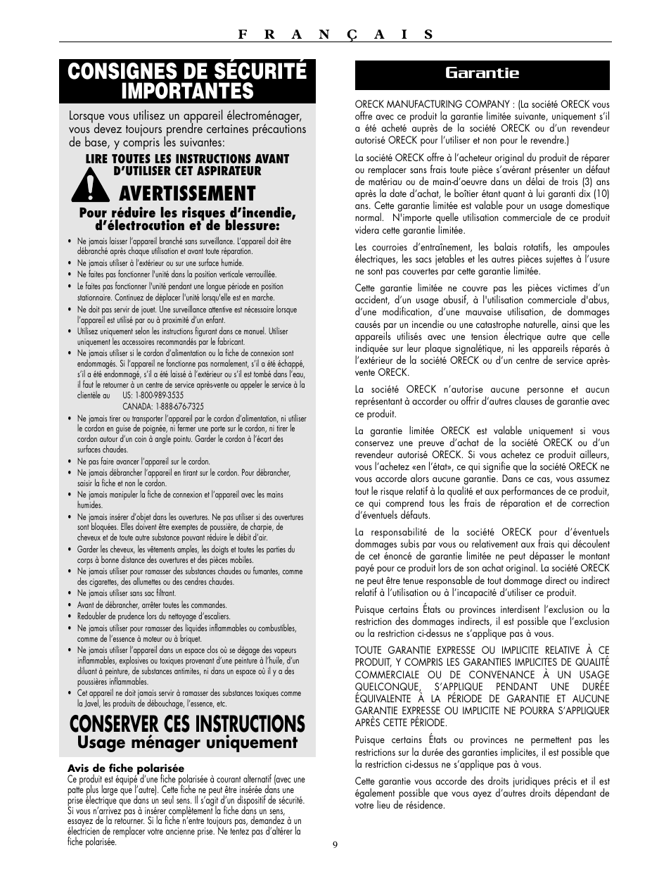 Consignes de sécurité importantes, Conserver ces instructions, Avertissement | Arantie, Usage ménager uniquement | Oreck XL2600HH User Manual | Page 9 / 20
