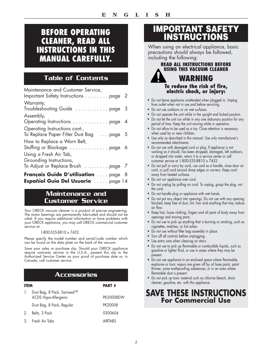 Important safety instructions, Save these instructions, Warning | For commercial use, Able of, Ontents, Aintenance and, Ustomer, Ervice, Ccessories | Oreck XL2000HH User Manual | Page 2 / 7