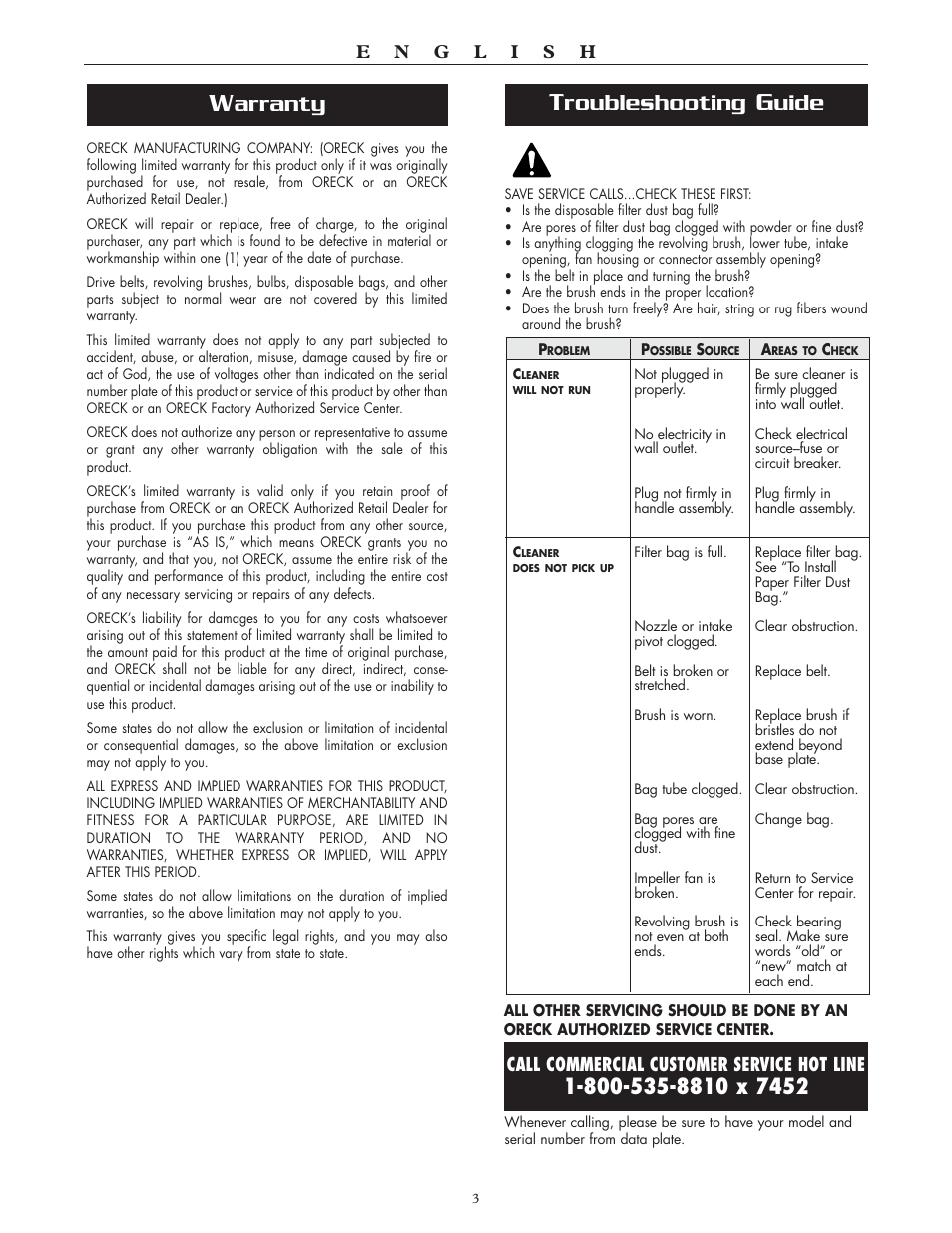 Arranty, Roubleshooting, Uide | Oreck XL2000HH User Manual | Page 3 / 7