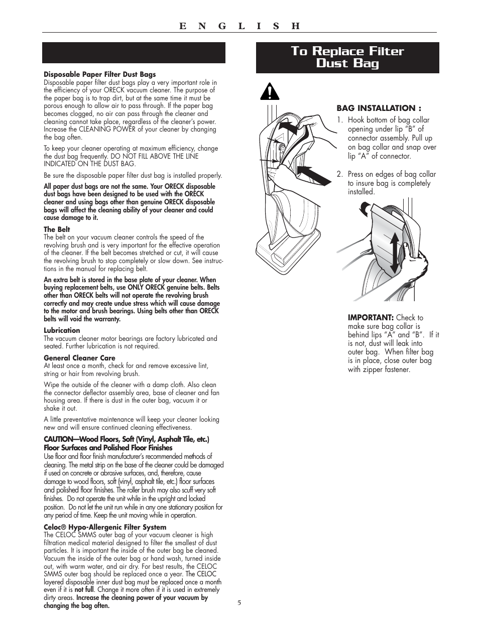 Eplace, Ilter | Oreck XL2000HH User Manual | Page 5 / 7