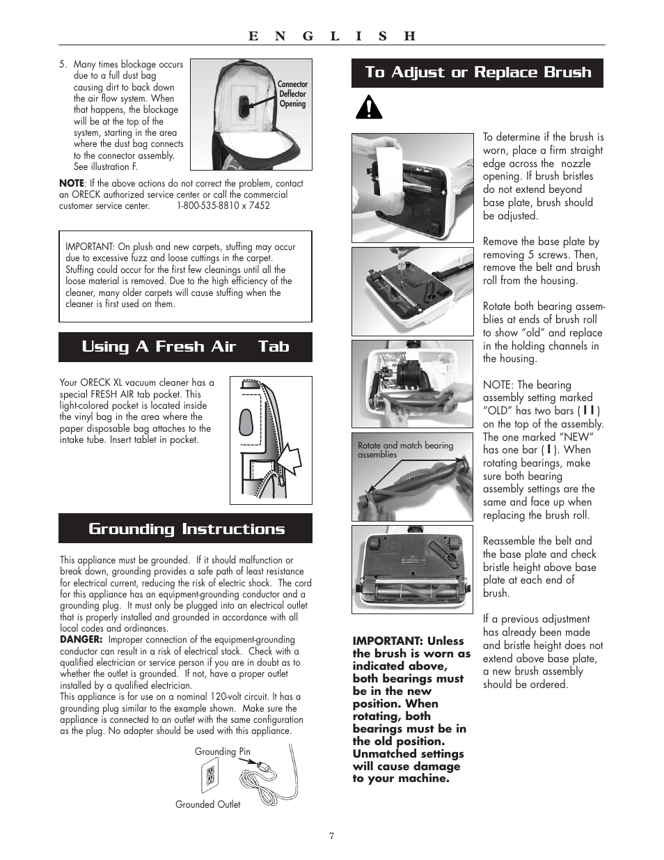 Sing, Resh, Djust or | Eplace, Rush, Rounding, Nstructions | Oreck XL2000HH User Manual | Page 7 / 7