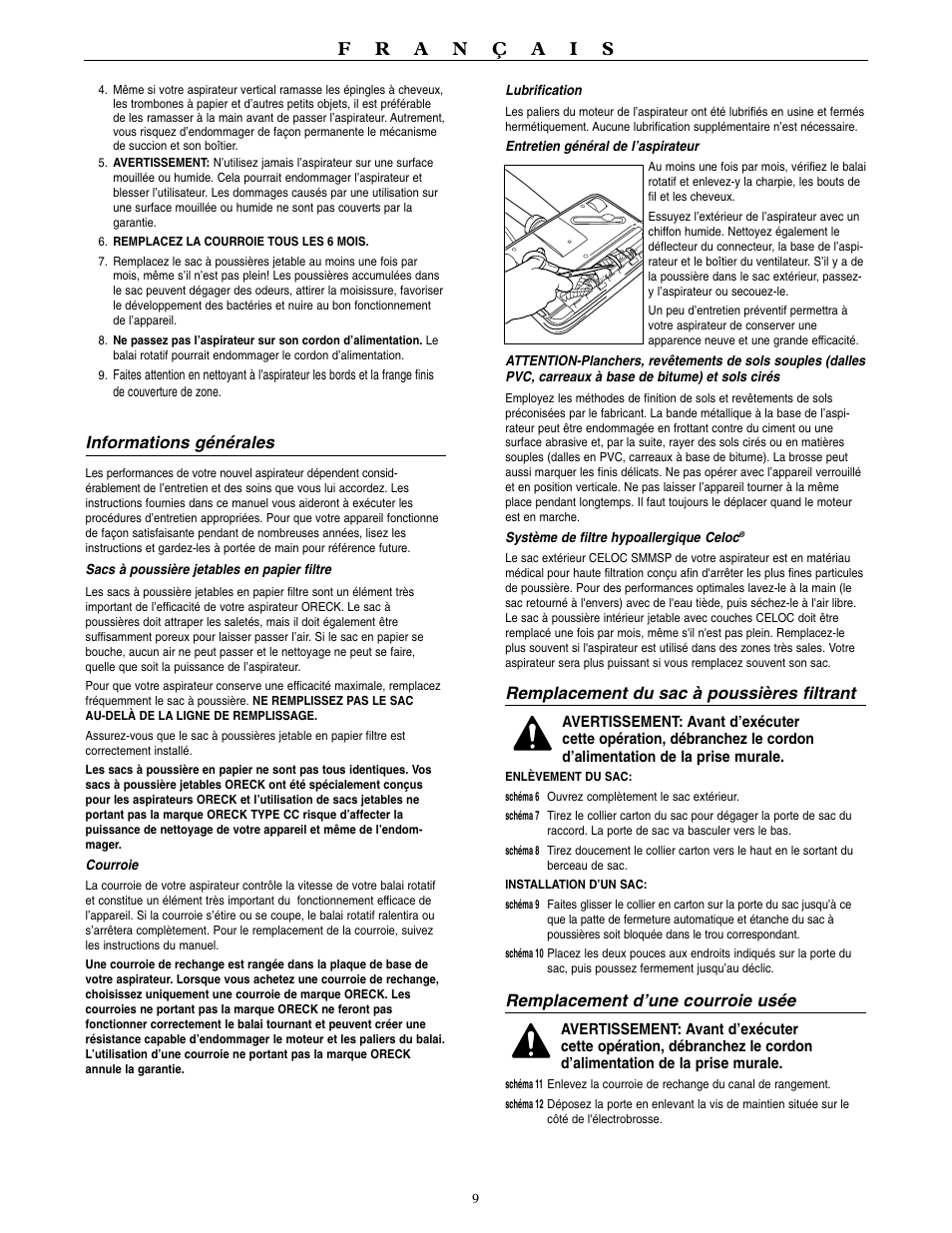 Informations générales, Remplacement du sac à poussières filtrant, Remplacement d’une courroie usée | Oreck U4090H2 User Manual | Page 10 / 16