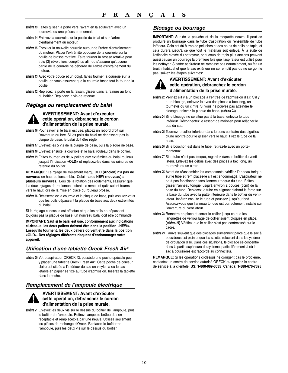Réglage ou remplacement du balai, Utilisation d’une tablette oreck fresh air, Remplacement de l’ampoule électrique | Blocage ou bourrage | Oreck U4090H2 User Manual | Page 11 / 16
