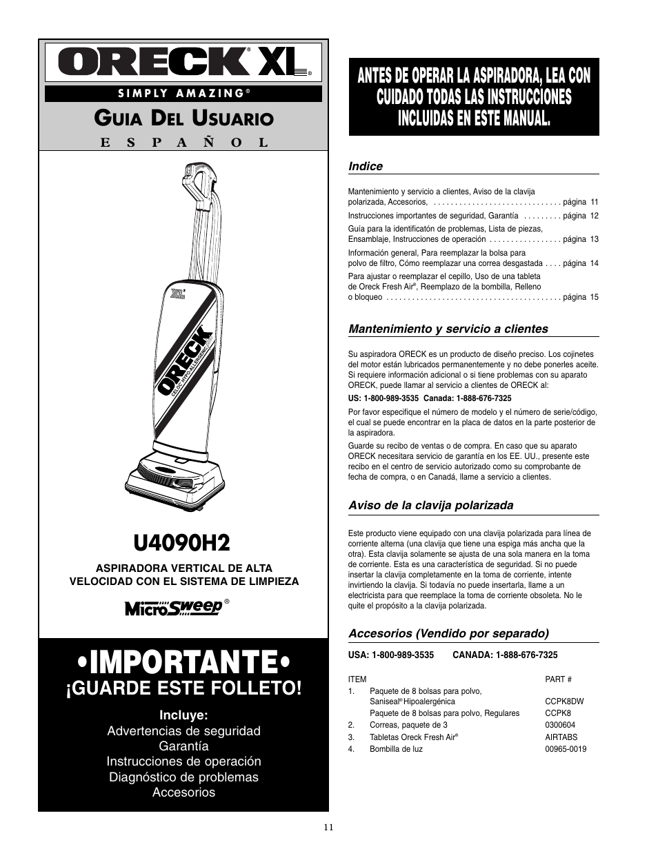 Importante, Guarde este folleto, Suario | Oreck U4090H2 User Manual | Page 12 / 16