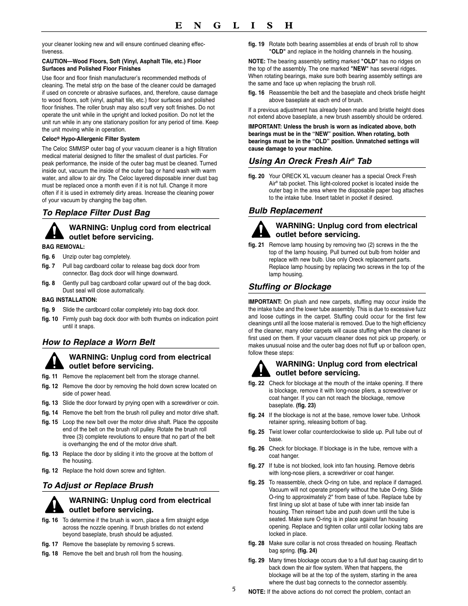 How to replace a worn belt, Using an oreck fresh air, Bulb replacement | Stuffing or blockage | Oreck U4090H2 User Manual | Page 6 / 16