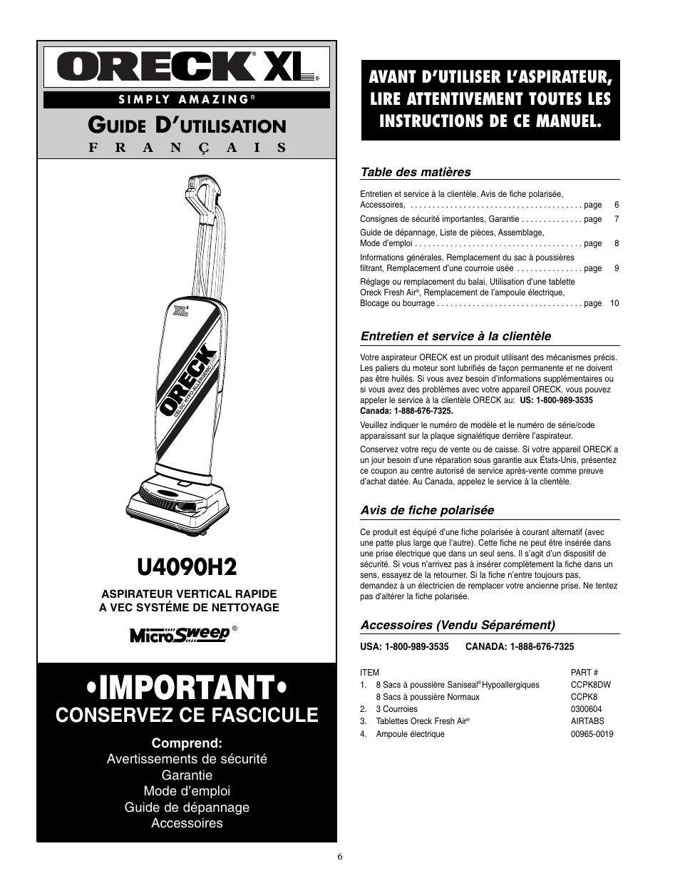 Important, Conservez ce fascicule, Uide | Utilisation | Oreck U4090H2 User Manual | Page 7 / 16
