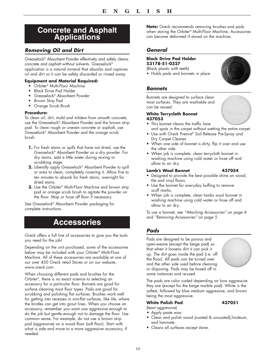 Accessories, Concrete and asphalt applications | Oreck 550 User Manual | Page 10 / 36