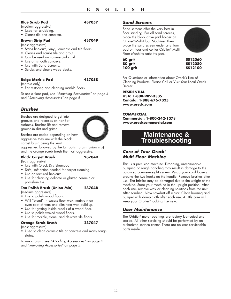 Maintenance & troubleshooting | Oreck 550 User Manual | Page 11 / 36