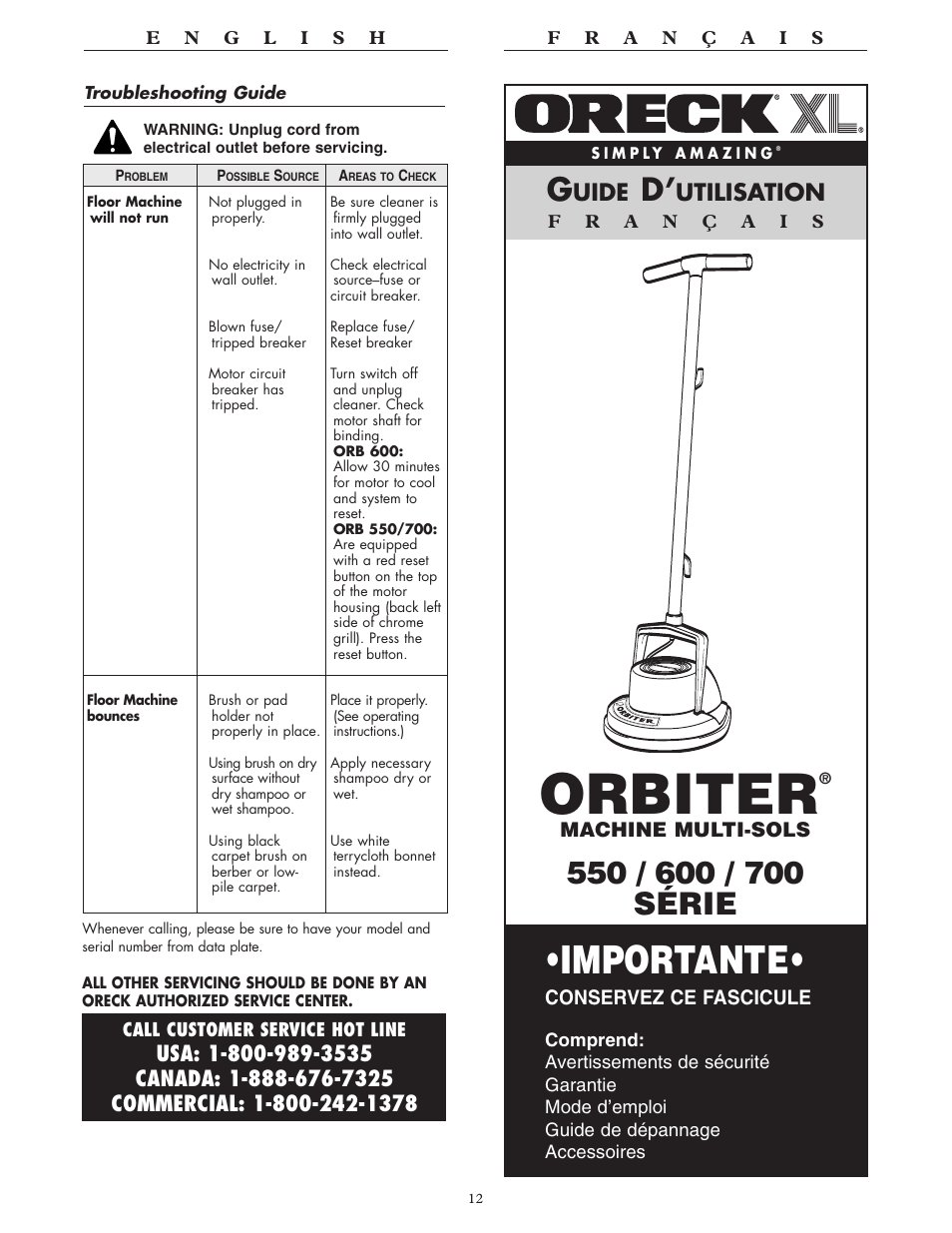 Orbiter, Importante, Uide | Utilisation | Oreck 550 User Manual | Page 12 / 36