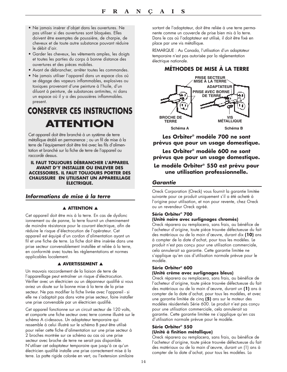 Attention, Conserver ces instructions | Oreck 550 User Manual | Page 14 / 36