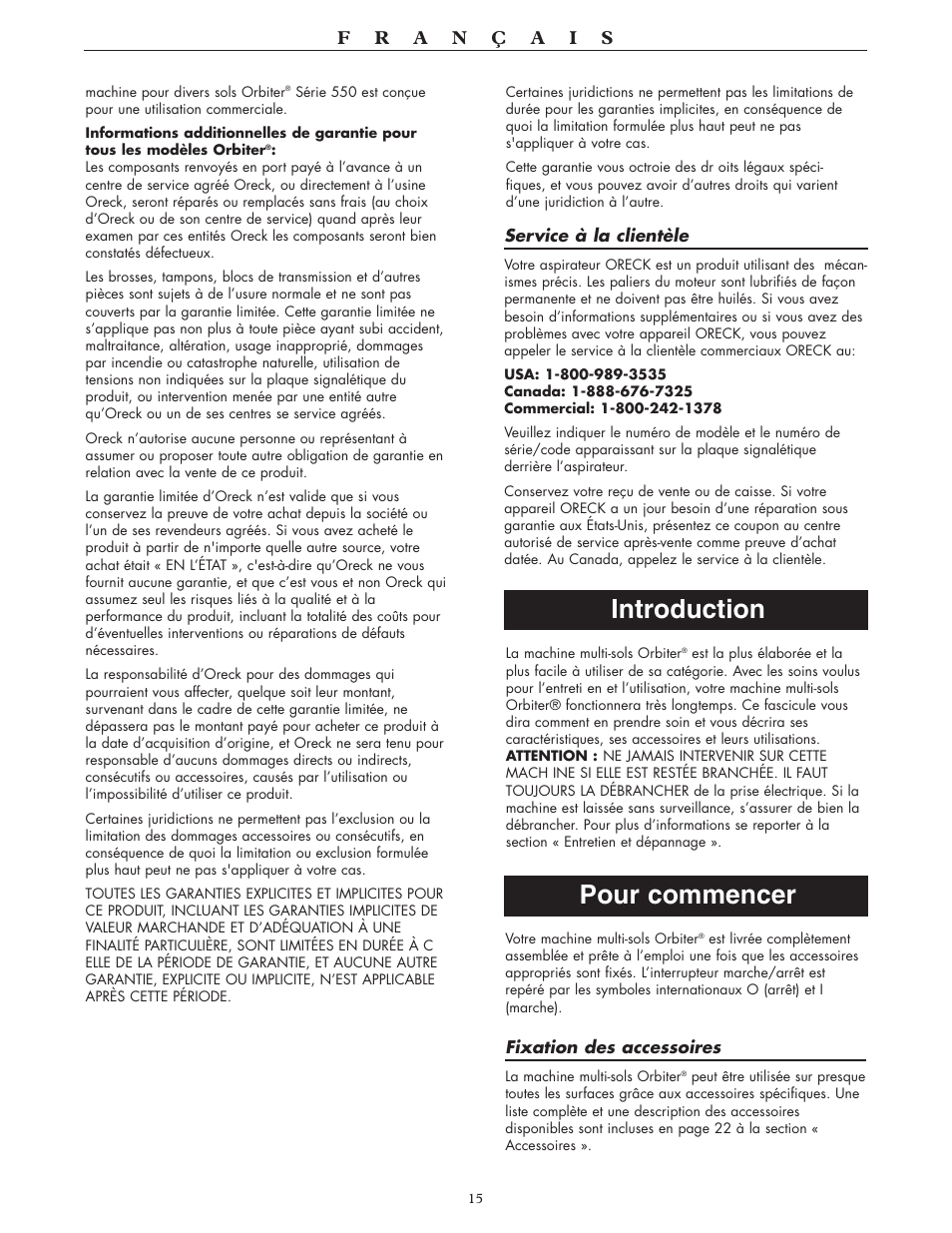 Introduction pour commencer | Oreck 550 User Manual | Page 15 / 36