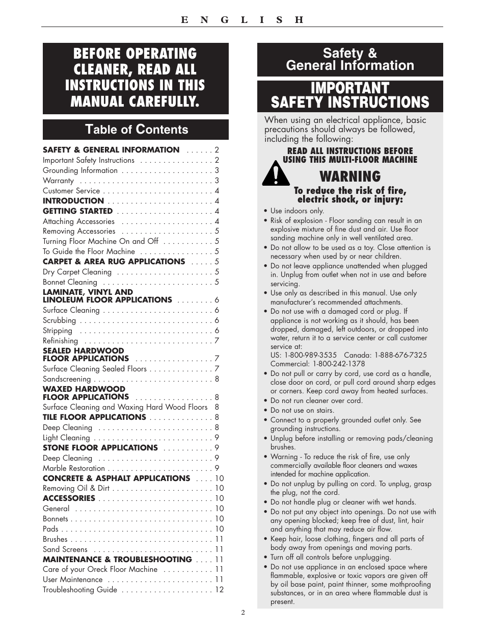 Important safety instructions, Warning, Safety & general information | Able of, Ontents | Oreck 550 User Manual | Page 2 / 36