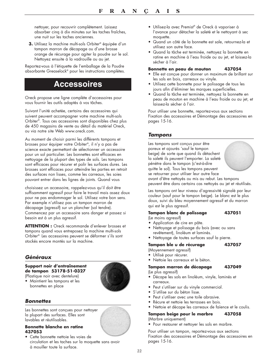 Accessoires | Oreck 550 User Manual | Page 22 / 36