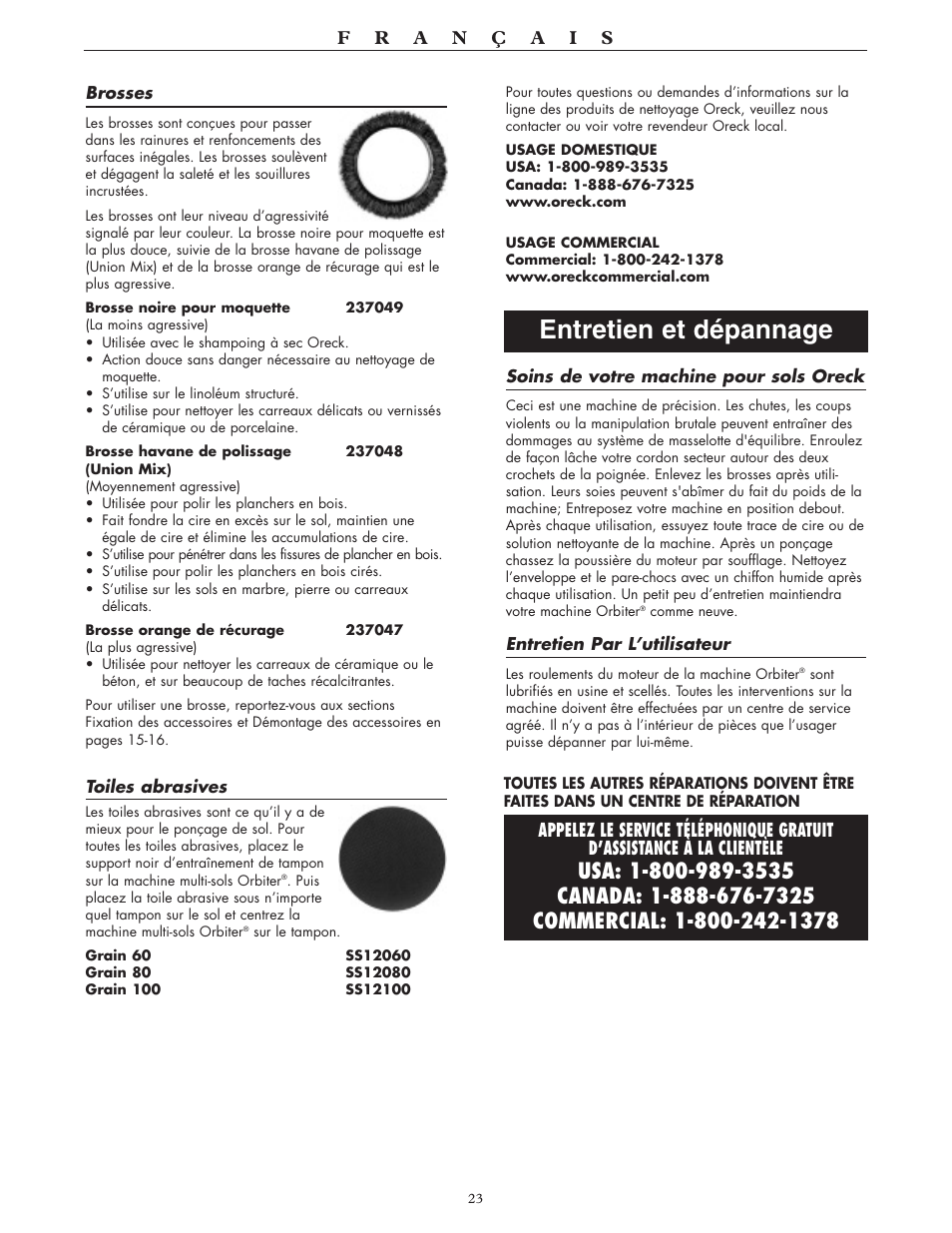 Entretien et dépannage | Oreck 550 User Manual | Page 23 / 36