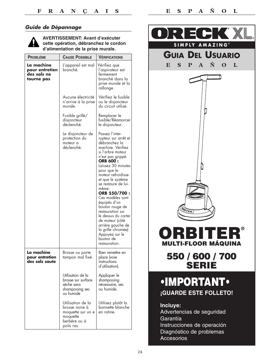 Orbiter, Important, Suario | Oreck 550 User Manual | Page 24 / 36