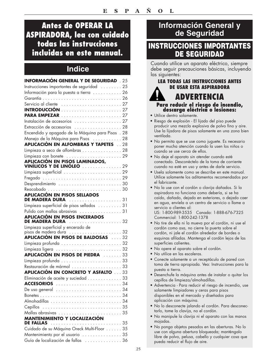 Advertencia, Instrucciones importantes de seguridad, Información general y de seguridad | Oreck 550 User Manual | Page 25 / 36