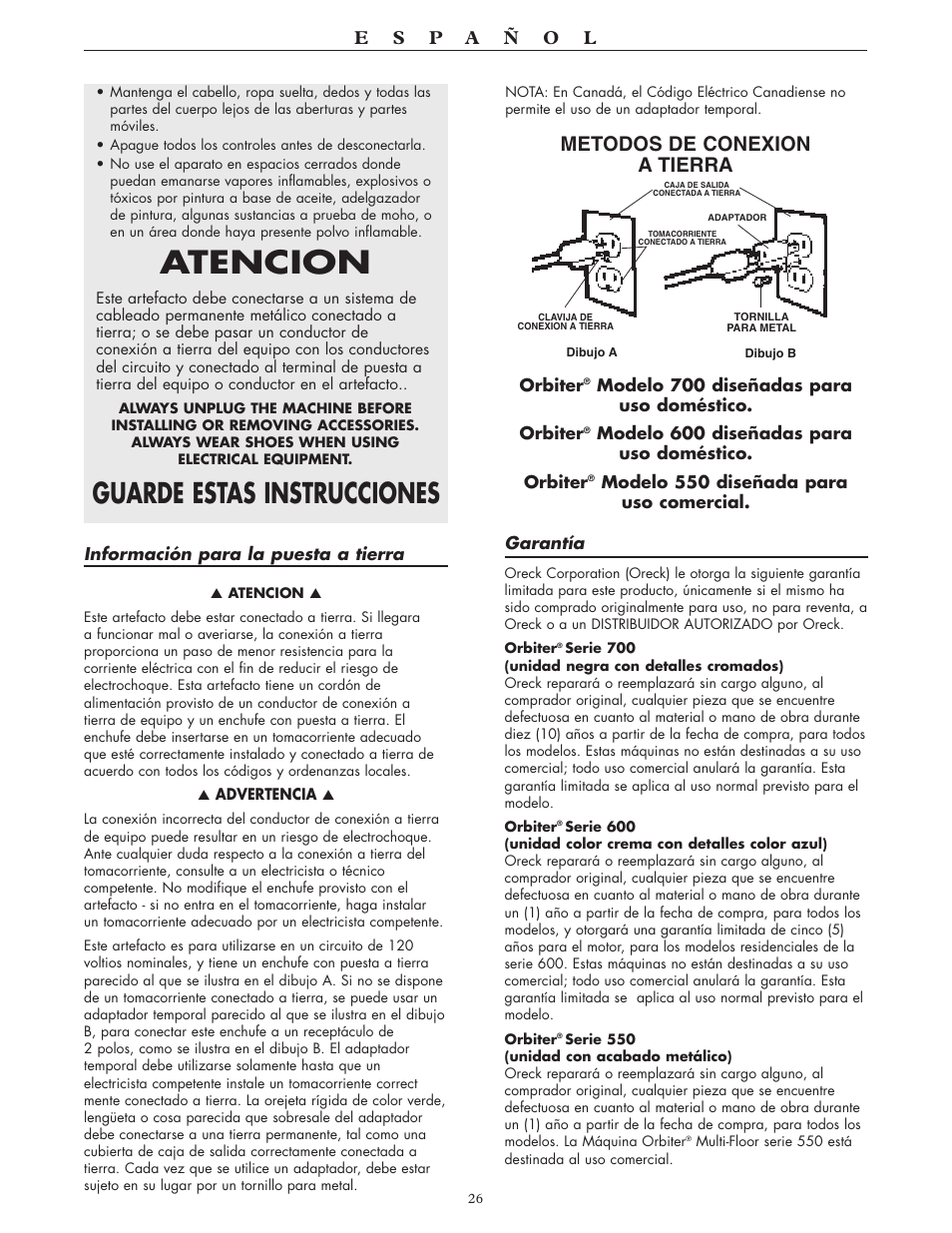 Atencion, Guarde estas instrucciones, Metodos de conexion a tierra | Oreck 550 User Manual | Page 26 / 36