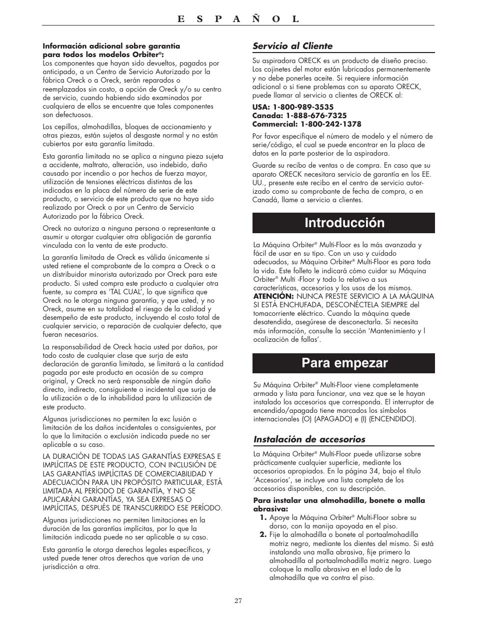 Introducción para empezar | Oreck 550 User Manual | Page 27 / 36