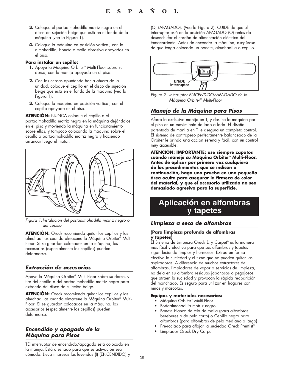 Aplicación en alfombras y tapetes | Oreck 550 User Manual | Page 28 / 36