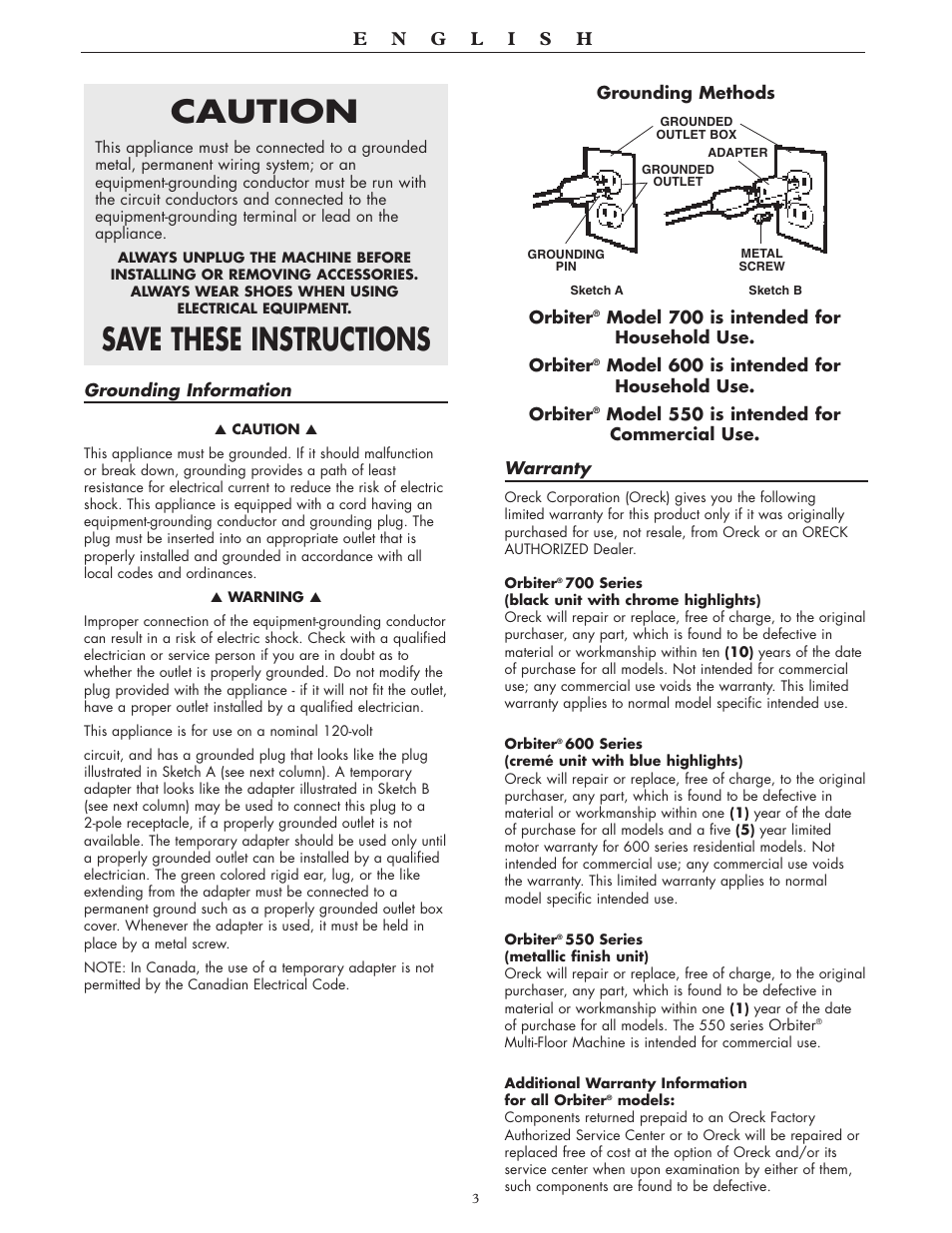 Caution, Save these instructions | Oreck 550 User Manual | Page 3 / 36