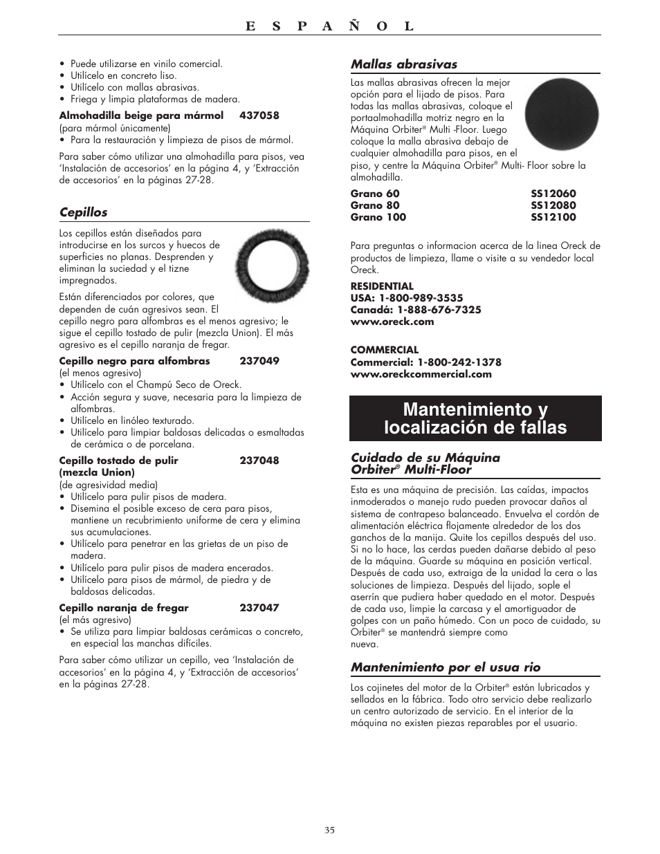 Mantenimiento y localización de fallas | Oreck 550 User Manual | Page 35 / 36