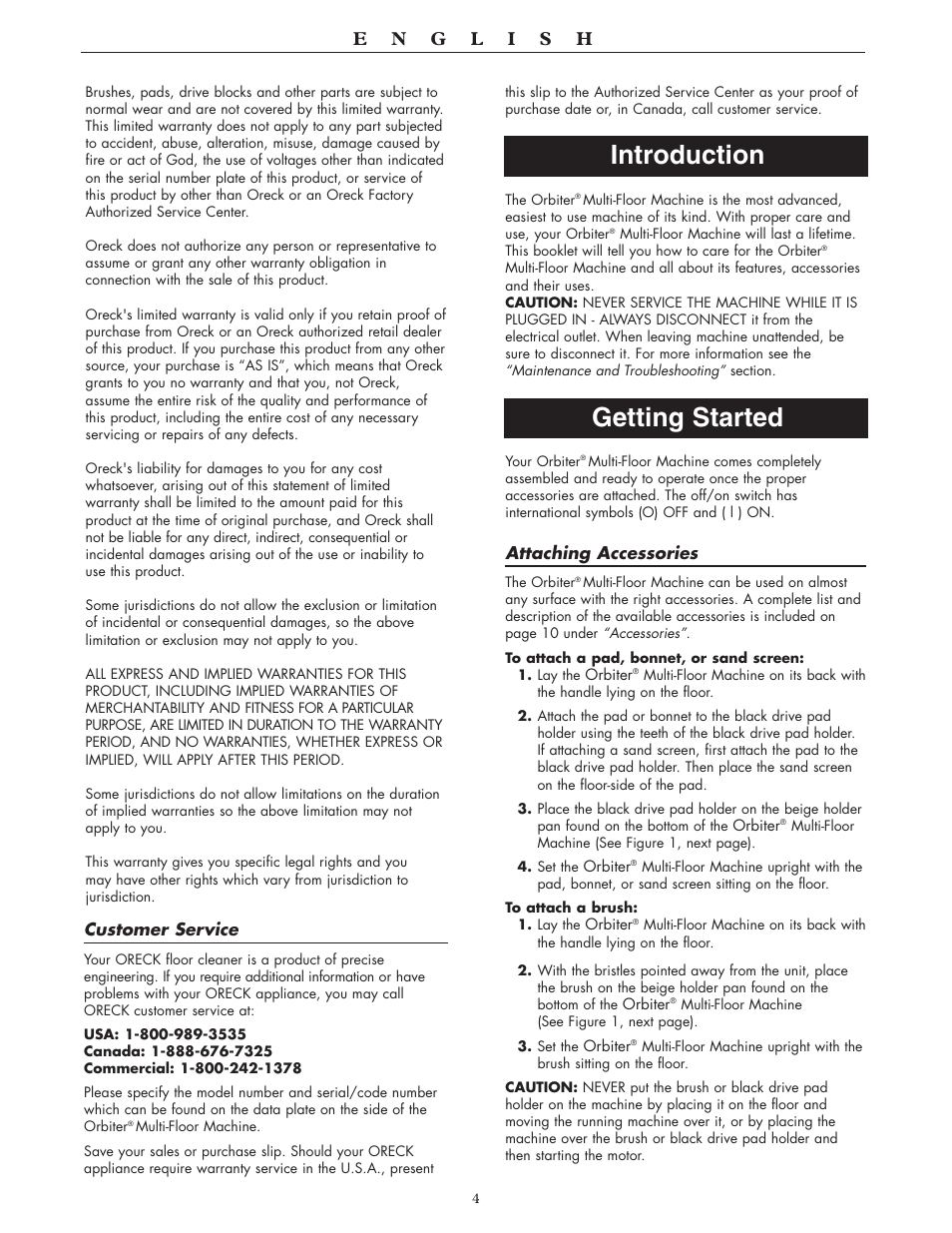 Introduction getting started | Oreck 550 User Manual | Page 4 / 36