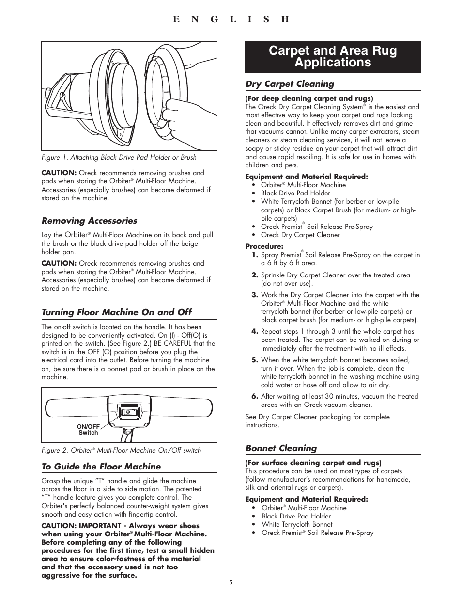 Carpet and area rug applications | Oreck 550 User Manual | Page 5 / 36