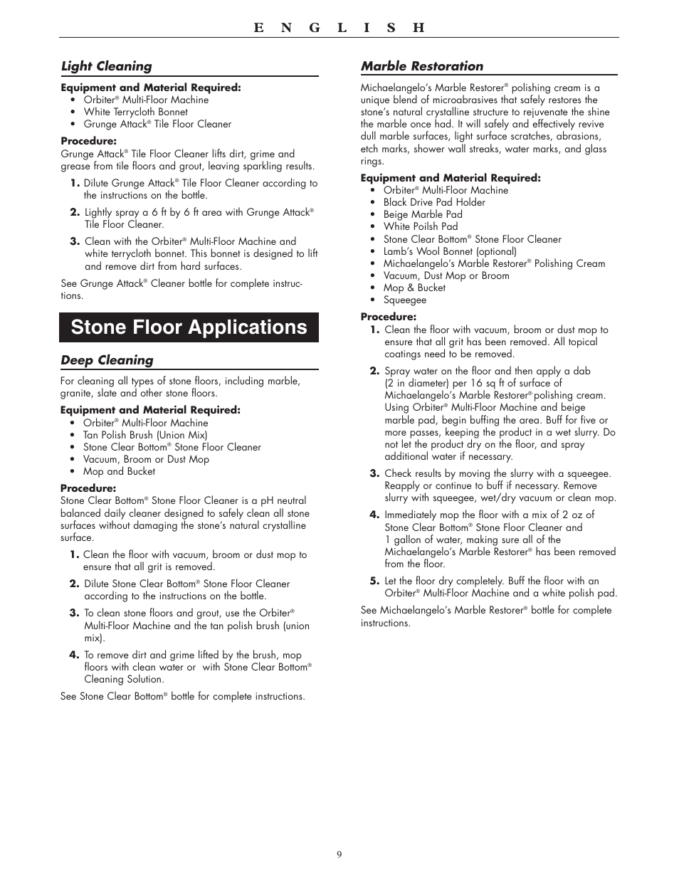 Stone floor applications, Light cleaning, Deep cleaning | Marble restoration | Oreck 550 User Manual | Page 9 / 36
