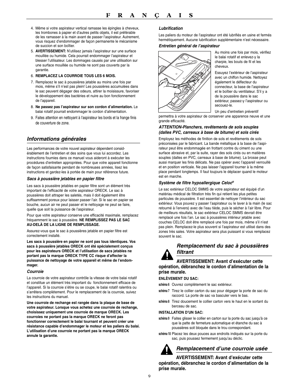 Informations générales, Remplacement du sac à poussières filtrant, Remplacement d’une courroie usée | Oreck XL3910H2 User Manual | Page 10 / 16