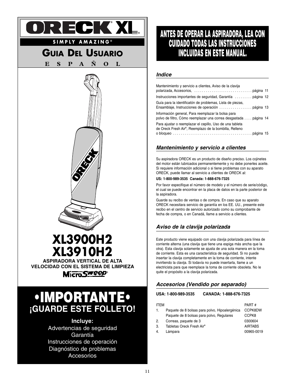 Importante, Guarde este folleto, Suario | Oreck XL3910H2 User Manual | Page 12 / 16