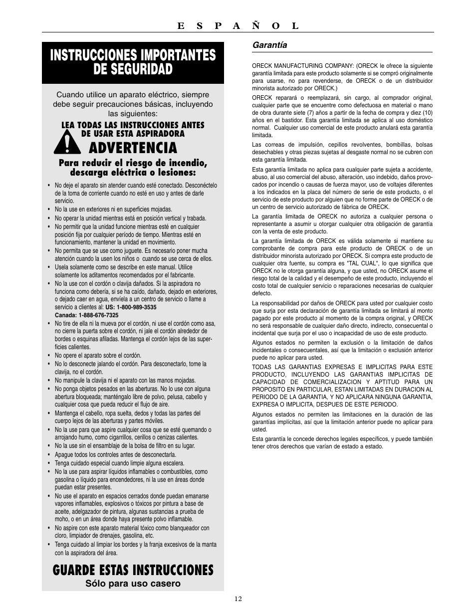 Instrucciones importantes de seguridad, Advertencia, Guarde estas instrucciones | Oreck XL3910H2 User Manual | Page 13 / 16