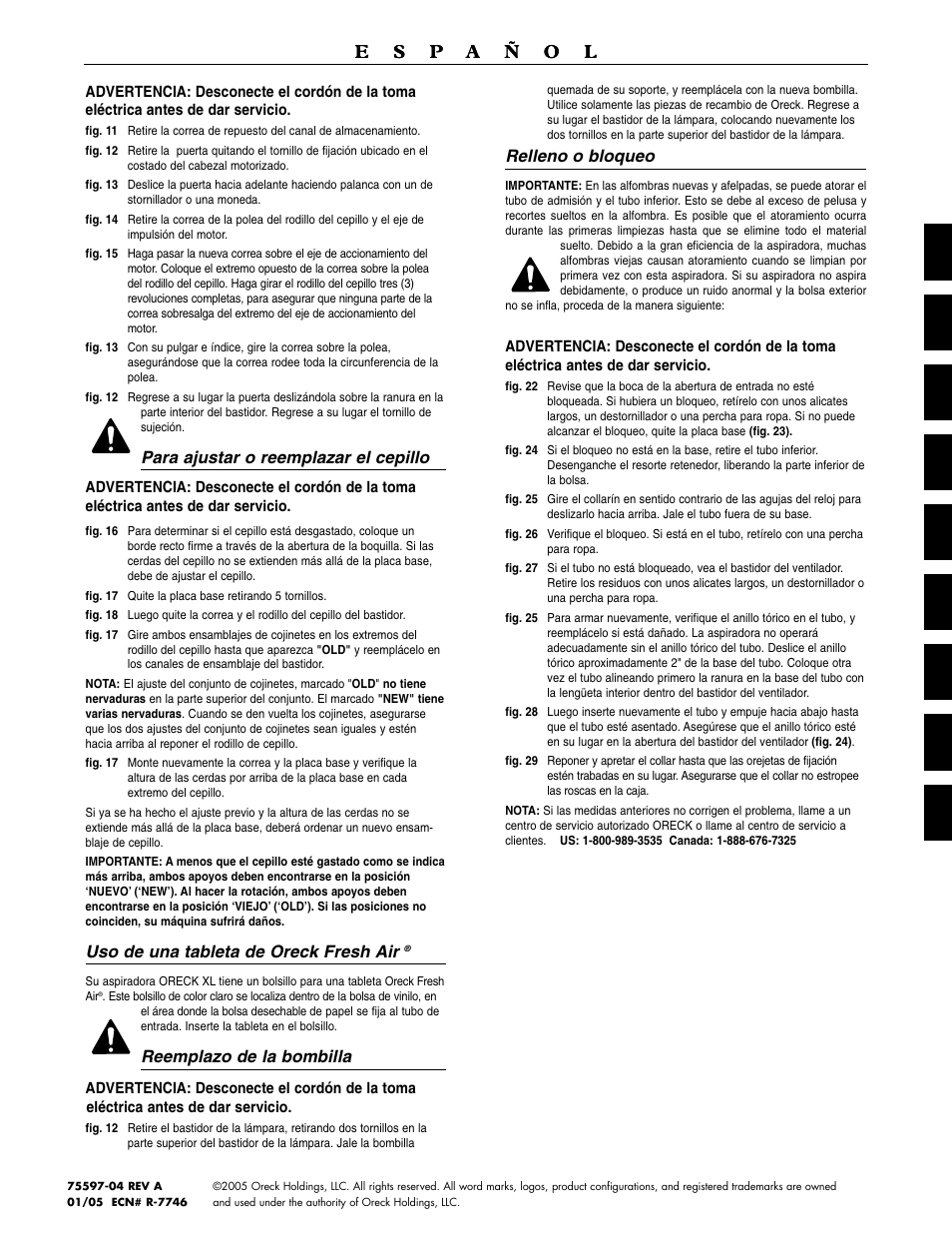 Para ajustar o reemplazar el cepillo, Uso de una tableta de oreck fresh air, Reemplazo de la bombilla | Relleno o bloqueo | Oreck XL3910H2 User Manual | Page 16 / 16