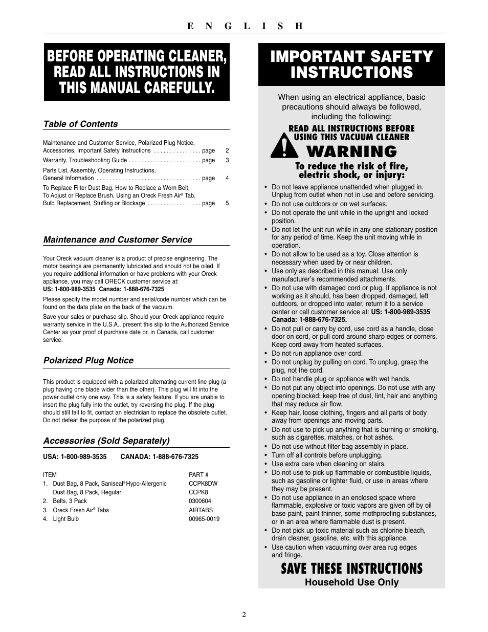 Important safety instructions, Warning, Save these instructions | Oreck XL3910H2 User Manual | Page 3 / 16