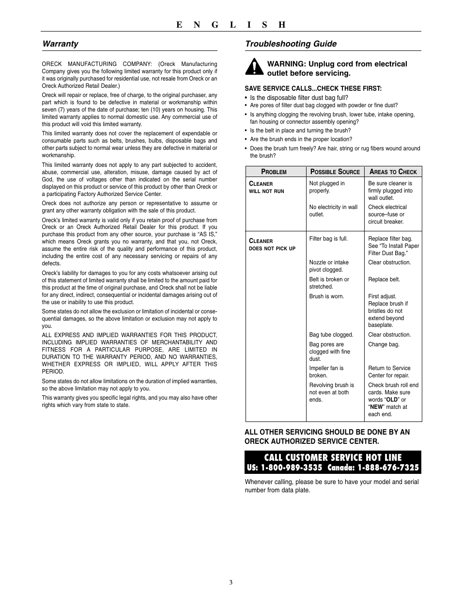 Call customer service hot line, Warranty, Troubleshooting guide | Oreck XL3910H2 User Manual | Page 4 / 16