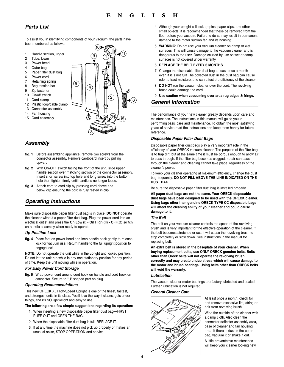 General information, Parts list, Assembly | Operating instructions | Oreck XL3910H2 User Manual | Page 5 / 16