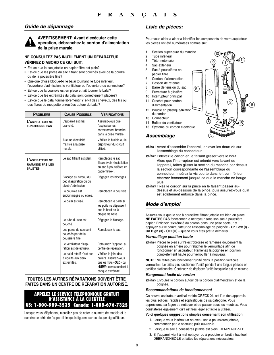 Guide de dépannage, Liste de pièces, Assemblage | Mode d’emploi | Oreck XL3910H2 User Manual | Page 9 / 16