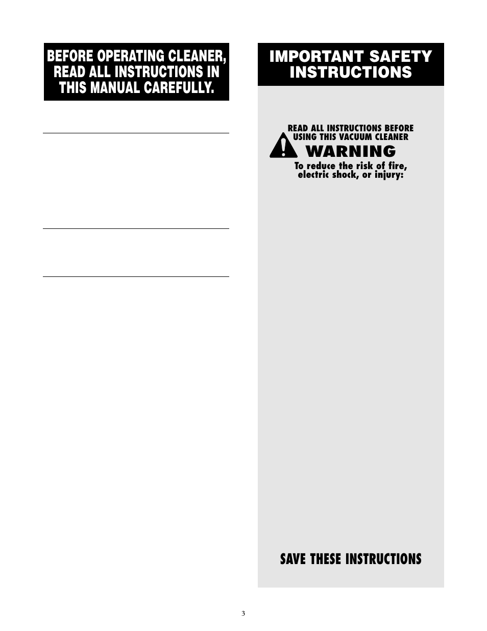 Important safety instructions, Warning, Save these instructions | Oreck XL20R7RH User Manual | Page 3 / 8