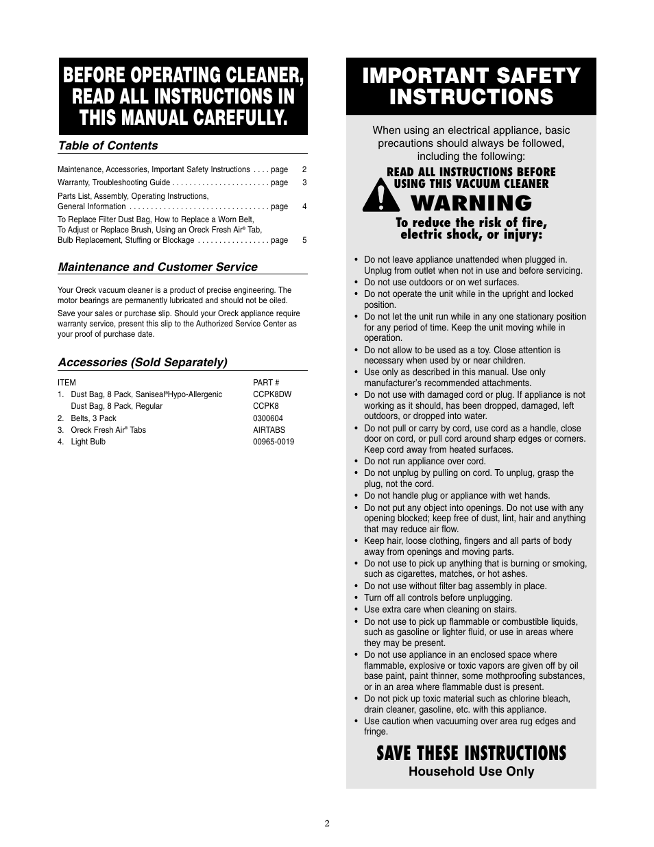 Important safety instructions, Warning, Save these instructions | Oreck XL36R7HH User Manual | Page 3 / 8