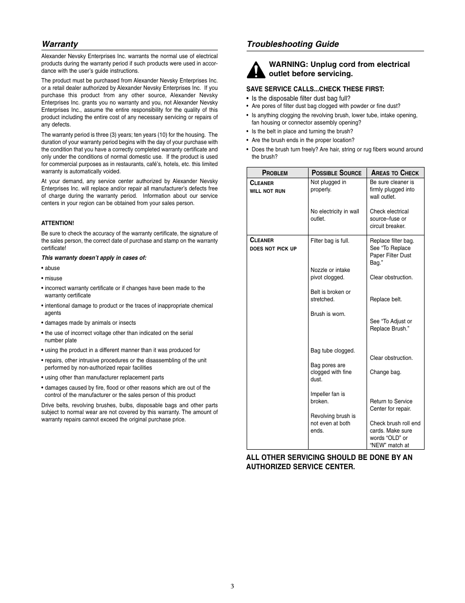 Troubleshooting guide, Warranty | Oreck XL36R7HH User Manual | Page 4 / 8