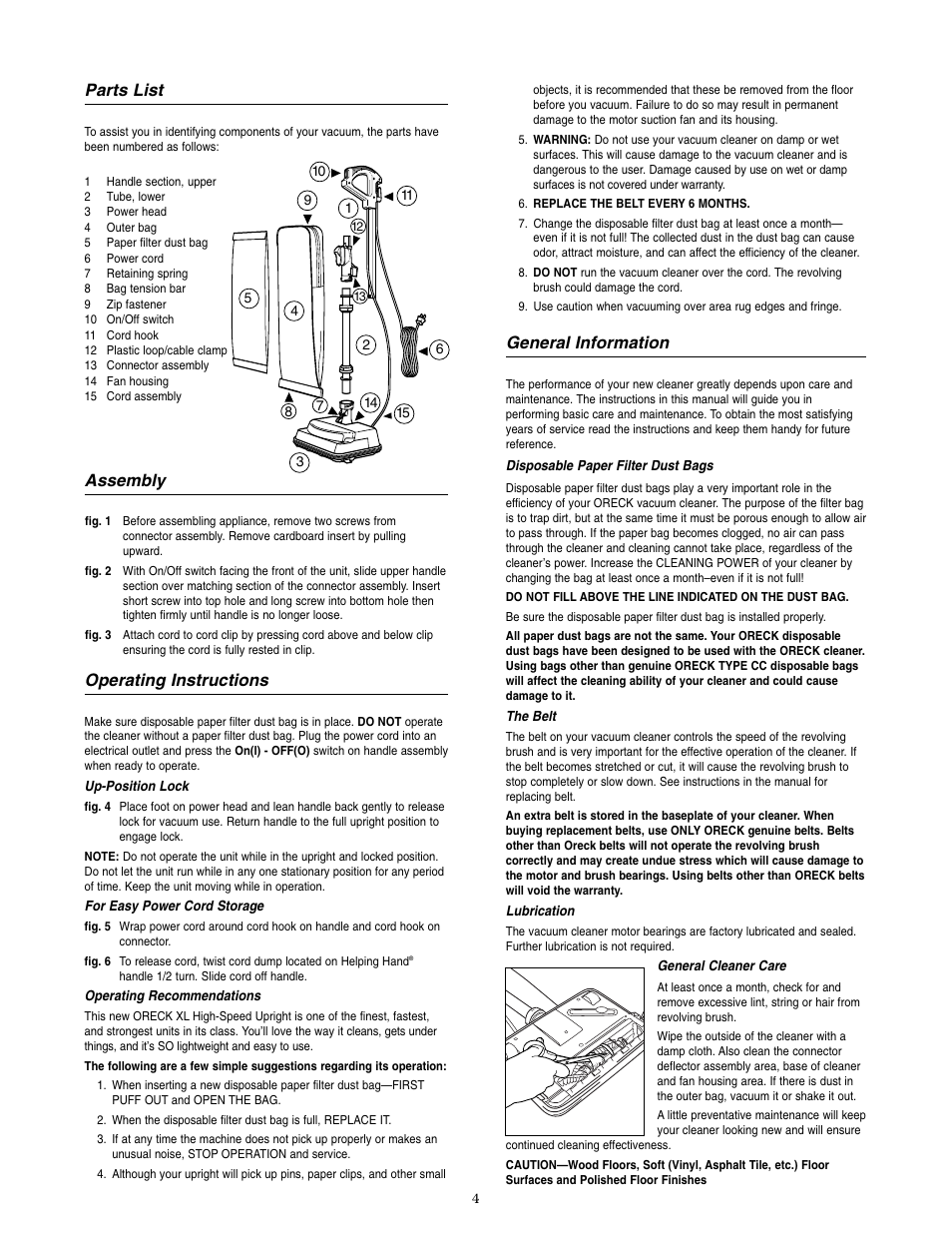 General information, Parts list, Assembly | Operating instructions | Oreck XL36R7HH User Manual | Page 5 / 8