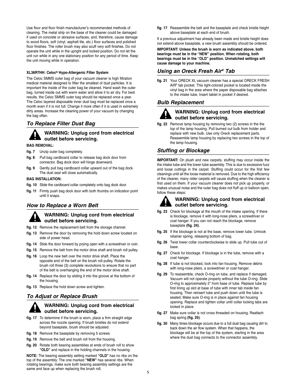 How to replace a worn belt, Using an oreck fresh air, Bulb replacement | Stuffing or blockage | Oreck XL36R7HH User Manual | Page 6 / 8