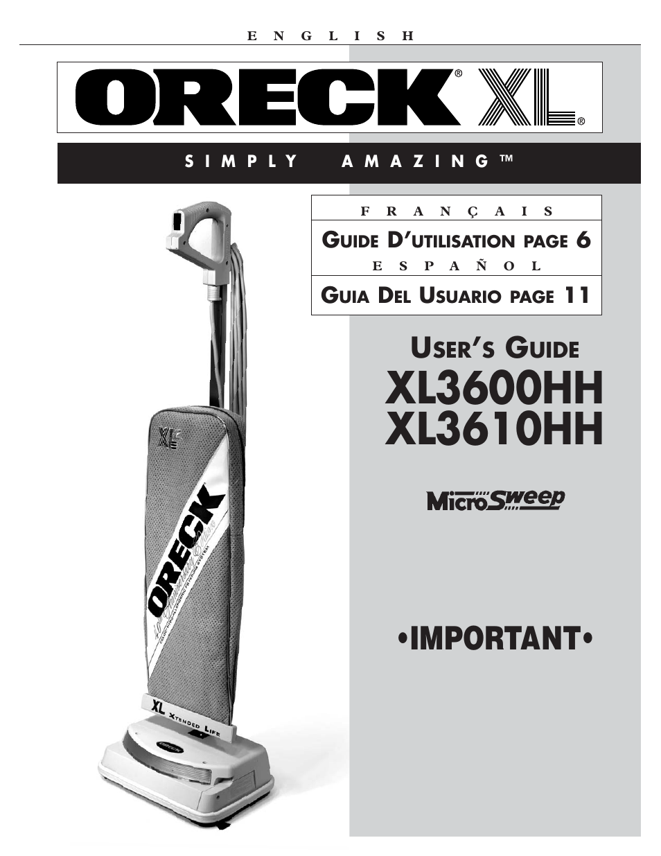 Oreck SIMPLY AMAZING XL3600HH User Manual | 16 pages